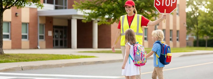 Crossing guard holding a stop sign while children cross in a school zone.