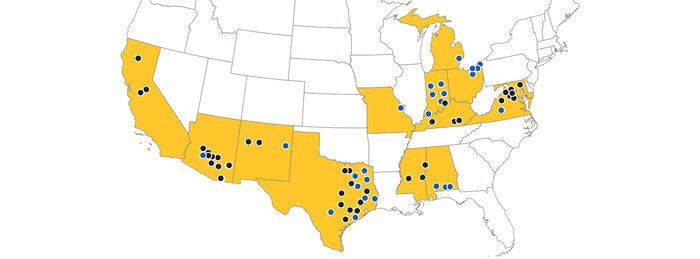 Map of the United States showing PHI Cares membership base states and the location of each membership base.